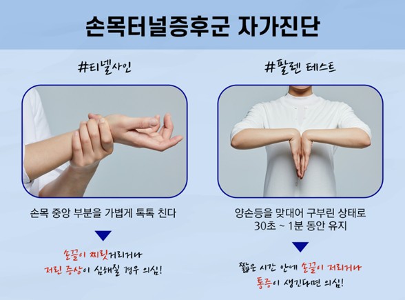 [서울=뉴시스] 손목터널증후군 자가진단법. (사진= 나누리병원 제공)