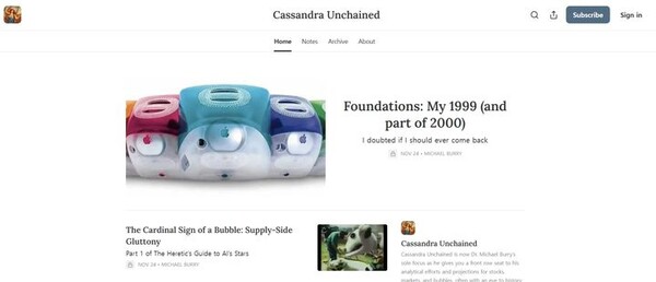 [뉴시스] 마이클 버리가 개설한 뉴스레터 플랫폼. (사진=https://michaeljburry.substack.com 캡처) 2025.11.25 *재판매 및 DB 금지